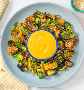 vegan maple sriracha brussel sprout recipe cheese sauce
