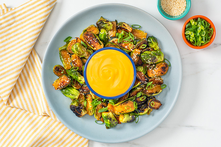 vegan maple sriracha brussel sprout recipe cheese sauce